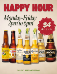 Happy Hour in San Marcos, CA. $4 beer special Monday-Friday 2pm-6pm